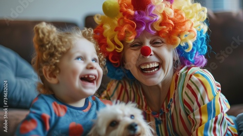 Happy little kid and grandma in colorful clown wigs stroking dog  sitting on couch  laughing  looking at camera for funny portrait  meeting for playtime at home party  celebrating birthday