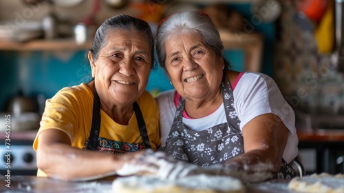Two happy Latina women preparing bread dough in a traditional kitchen, portrait of two happy mature ladies work at home bakery studio.