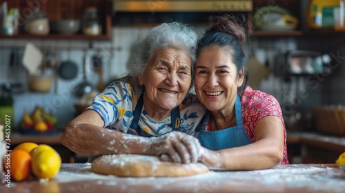 Two happy Latina women preparing bread dough in a traditional kitchen, portrait of two happy mature ladies work at home bakery studio. © Jasper W