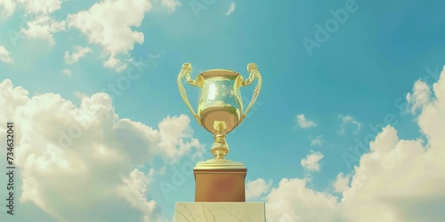 Vintage style golden winner trophy against clear sky background, concept of winning, award, top, gain and achievement, with copy space.