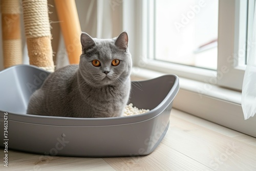 A lovely British cat poops in a big triangular plastic box photo