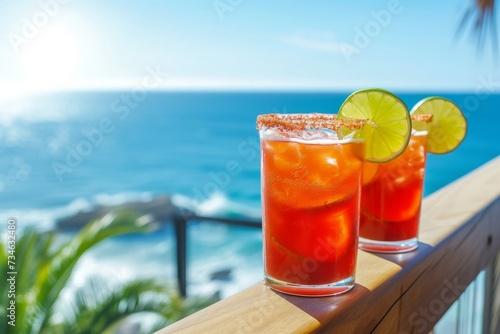 Bright red Michelada cocktails on a veranda railing of a private oceanfront home glowing in the sun for brunch