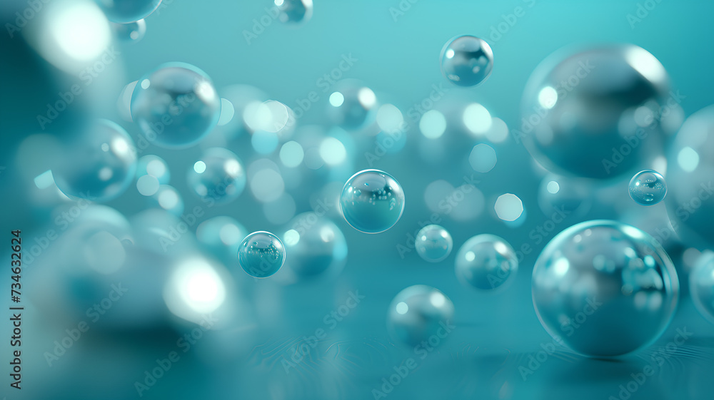 3D render of transparent blue bubbles with reflections, floating in a soft blue environment.
