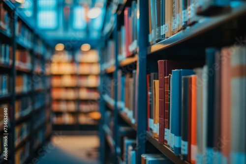 Blurry books on library shelves Blurred backdrop for photos