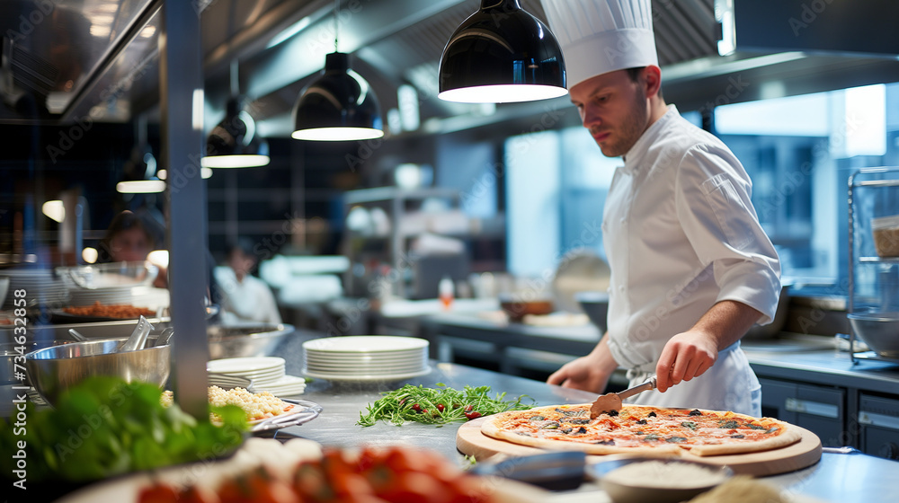 Mid aged Italian male chef preparing pizza in professional modern kitchen background, close up, concept of food preparation, local food, traditional Italian pizza, handmade whole foods. Mid aged Italian male chef preparing pizza in professional modern kitchen background, close up, concept of food preparation, local food, traditional Italian pizza, handmade whole foods.