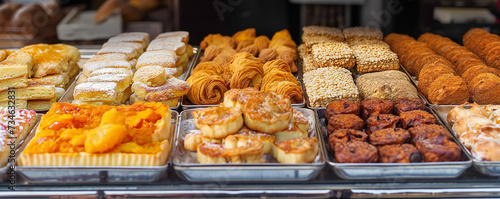Assorted tasty pastry and bread arranged on tray selling at bakery shop, fresh delicious sweet pastry and baked bread in a bakery window display