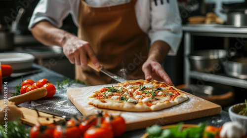 Mid aged Italian male chef preparing pizza in professional modern kitchen background, close up, concept of food preparation, local food, traditional Italian pizza, handmade whole foods.