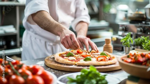 Mid aged Italian male chef preparing pizza in professional modern kitchen background, close up, concept of food preparation, local food, traditional Italian pizza, handmade whole foods.