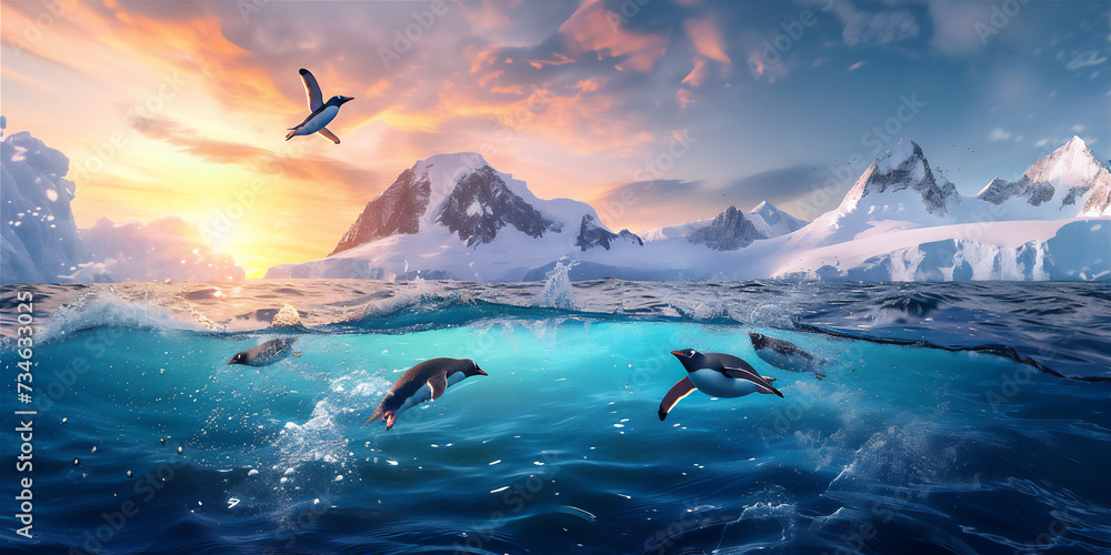penguin jumping and playing in the sea at north pole - obrazy, fototapety, plakaty 