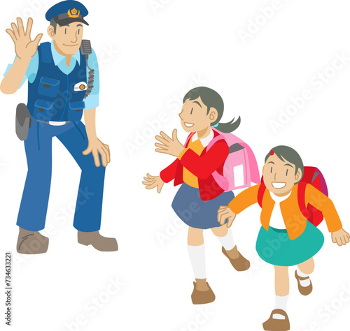 登校する子供達に手をふる警察官のイラスト