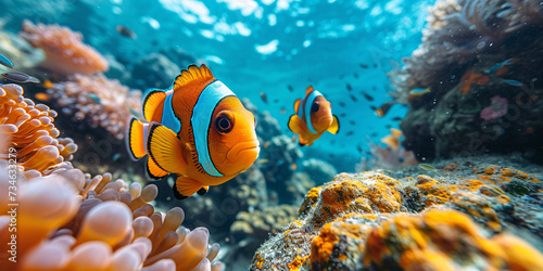 clone fish in under sea closeup. Tropical reef fish - Clownfish  Amphiprion ocellaris  .Ai