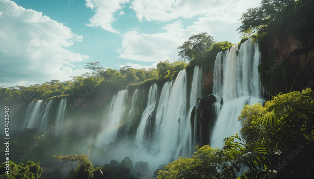 A majestic waterfall cascades down a lush, tropical cliffside, shrouded in mist and highlighted by a soft rainbow in the sunlit spray