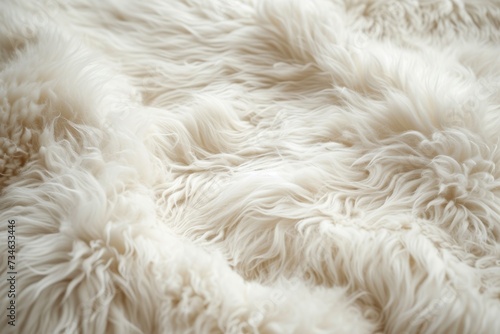 Close up horizontal shot of a sheepskin rug with long ivory hair