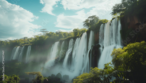 A majestic waterfall cascades down a lush, tropical cliffside, shrouded in mist and highlighted by a soft rainbow in the sunlit spray