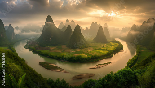 A serene river meanders through a lush valley flanked by mountains, with the sun rising through the mist, illuminating the patchwork of agricultural fields photo