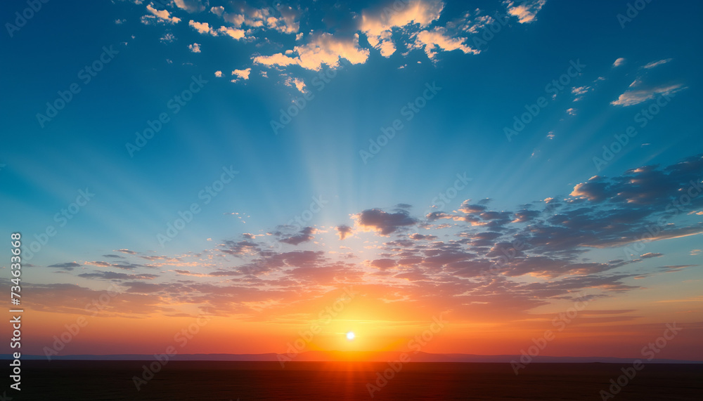 The sun dips towards the horizon, casting a breathtaking array of sunrays through the clouds over an expansive, tranquil landscape - obrazy, fototapety, plakaty 