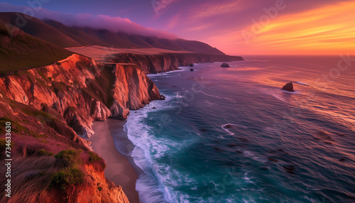 The setting sun bathes the rugged coastline and towering cliffs in a dramatic array of red and purple hues, with the Pacific Ocean's waves gently crashing against the shore