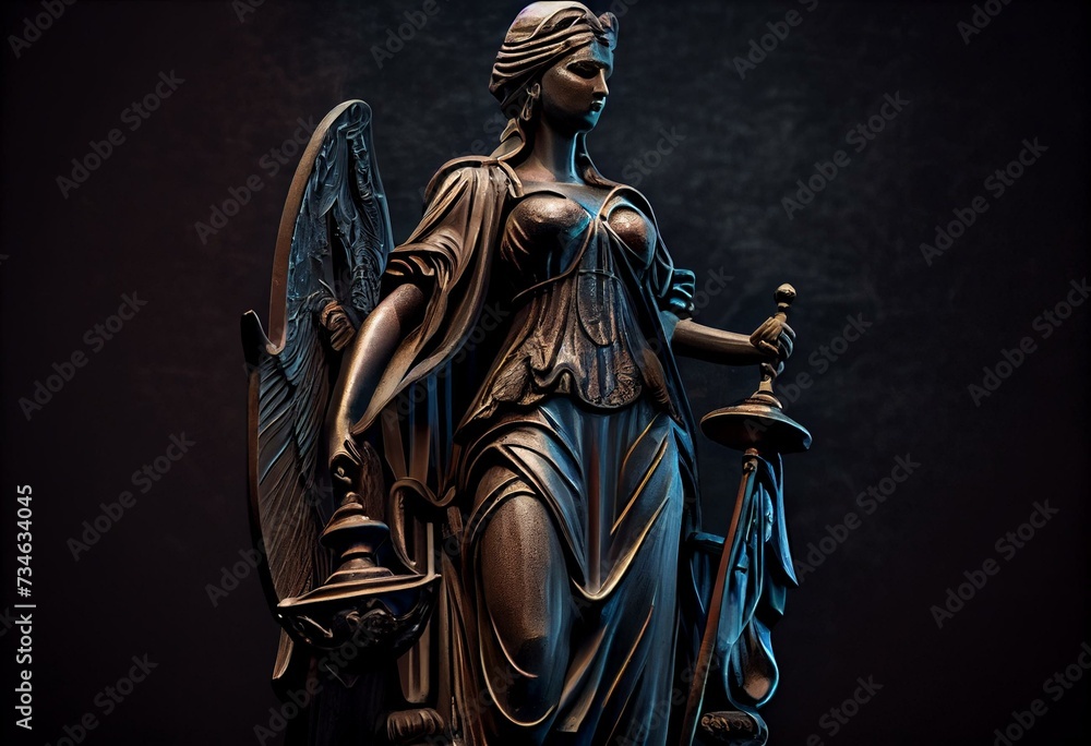 Lady Justice statue on a dark background with copy space. Generative ai