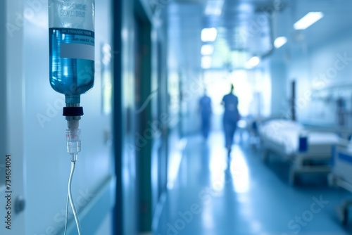 Blurred hospital background with a patient receiving a drip photo