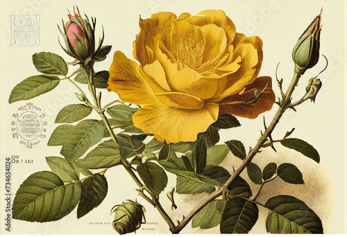 Yellow Sulphur Rose Old illustration of (Rosa hemisphaerica). Created by P. R. Redoute, published on Les Roses, Imp. Firmin Didot, Paris, 1817-24. Generative AI photo