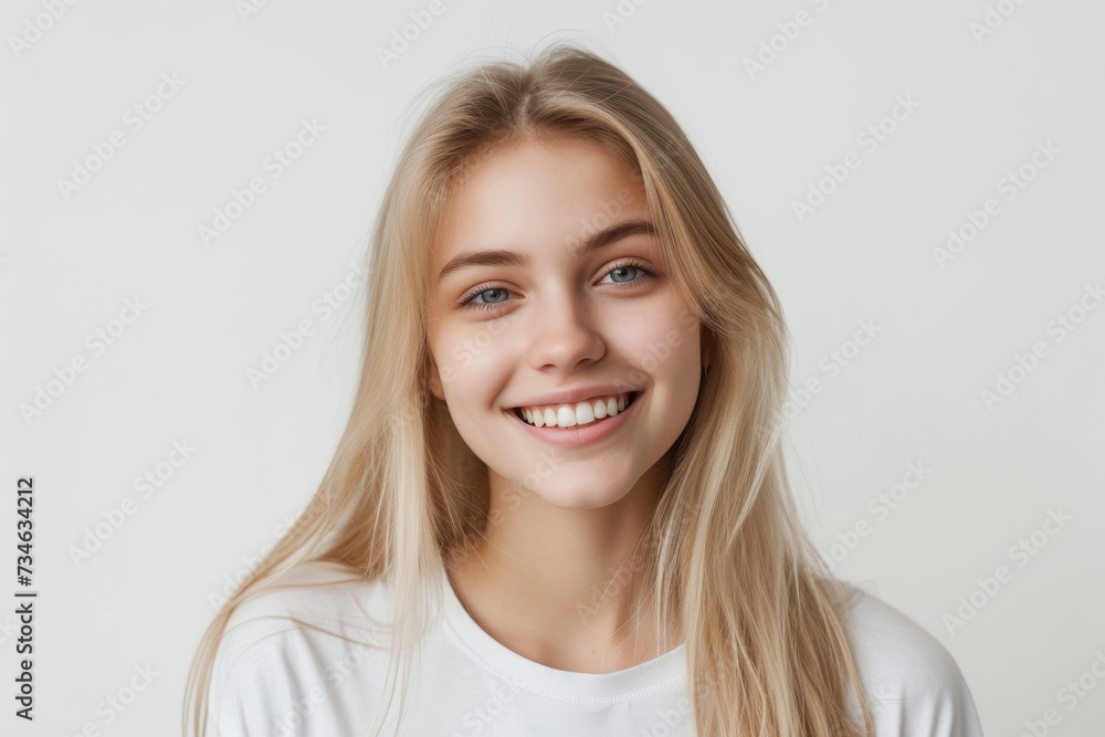 Blonde girl with perfect smile posing casually against white background capturing lifestyle and emotions Blonde girl with perfect smile posing casually against white background capturing lifestyle and emotions