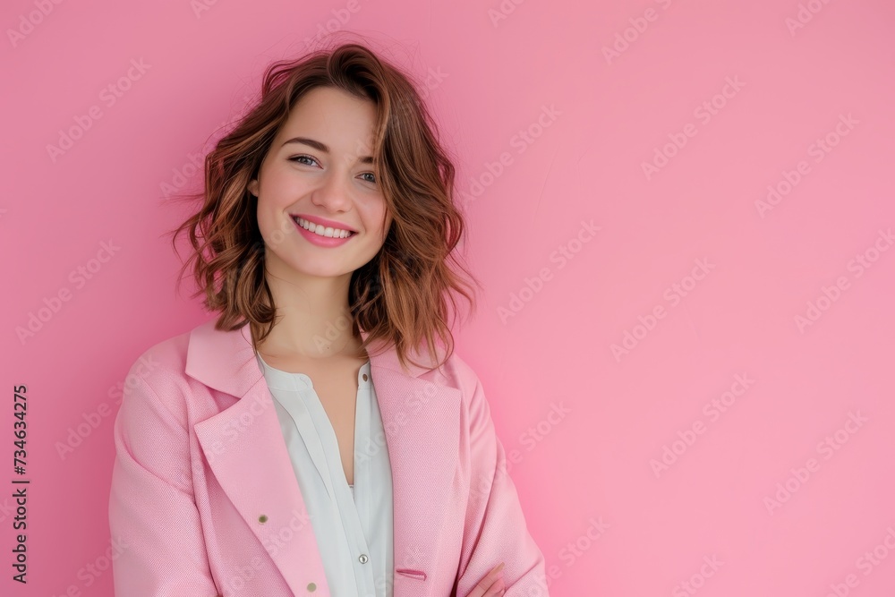 30s European businesswoman wearing a casual jacket happily posing for a studio portrait on a light pink background 30s European businesswoman wearing a casual jacket happily posing for a studio portrait on a light pink background
