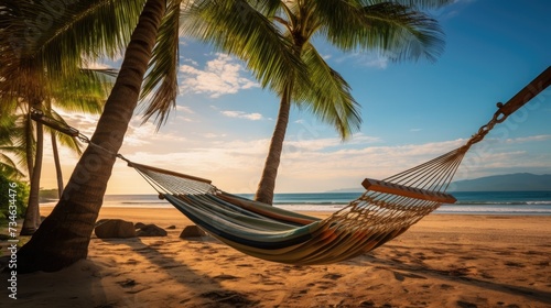 Hammock Between Palm Trees on Beach, Relaxation and Tranquility by the Shoreline