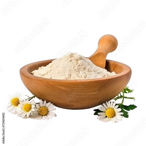 pile of finely dry organic fresh raw chamomile powder in wooden bowl png isolated on white background. bright colored of herbal, spice or seasoning recipes clipping path. selective focus