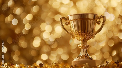 Champion golden trophy placed on celebration shiny blurred background with copy space.