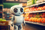 Artificial intelligence robot shopping vegetables, Super cute Robot in the supermarket buying vegetables, Delivery concept, Ai generated