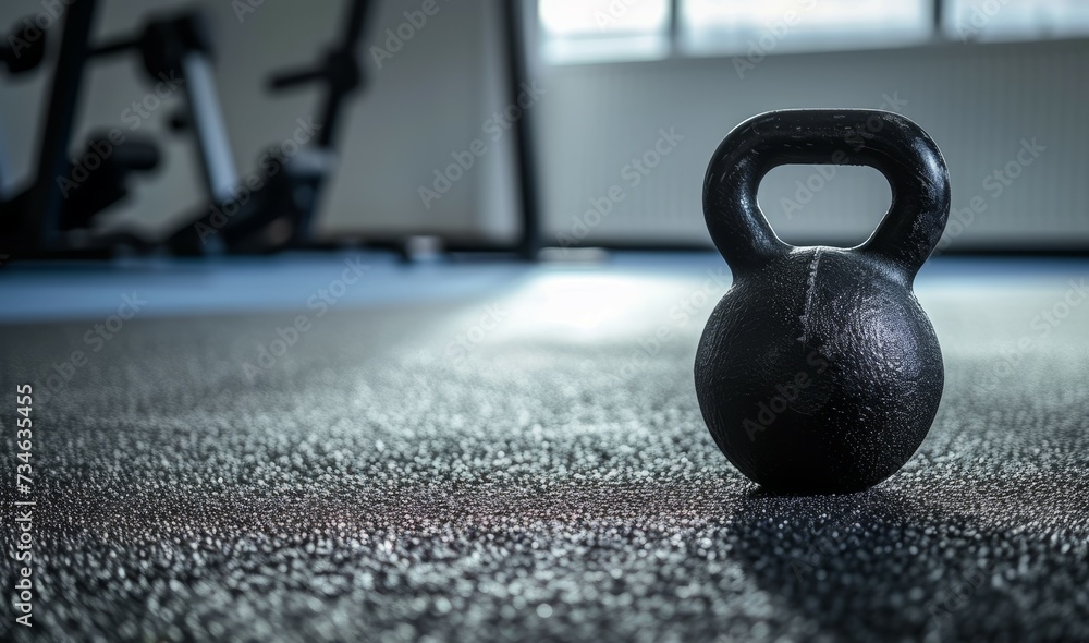 Fototapeta premium Black kettlebell in fitness room with gray carpet