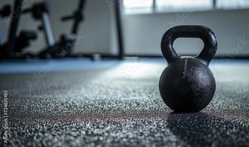 Black kettlebell in fitness room with gray carpet