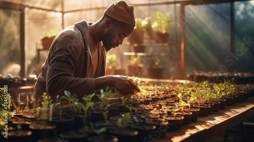 Dark-skinned man planting seedlings in greenhouse