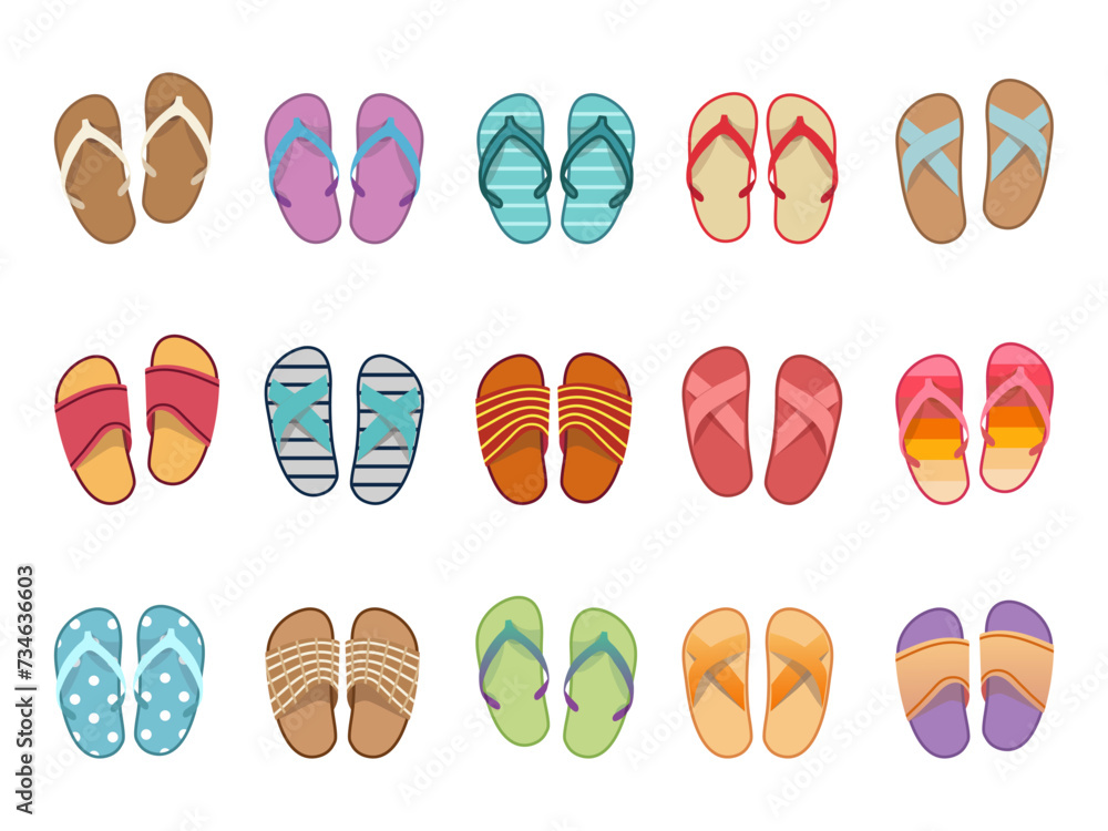 Vector summer slippers set, flat design. Vietnamese flip flops on white background. Vietnamese slates shoes for beach. Flip flops summer shoes illustration, view from above. Vector summer slippers set, flat design. Vietnamese flip flops on white background. Vietnamese slates shoes for beach. Flip flops summer shoes illustration, view from above.