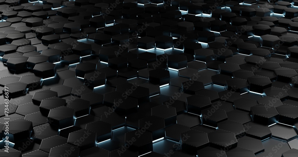 Obraz premium Black blue hexagons background pattern 3D rendering. sci-fi background