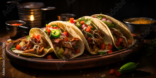  Real carnitas chicken tacos and barbacoa from Mexico tacos from Mexico on a wooden board
 
  photo