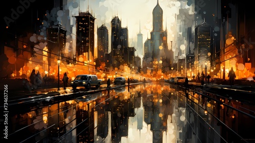 A surreal cityscape of neon-lit skyscrapers reflected in a mirror-like lake of liquid gold  against a cosmic canvas of obsidian mystery
