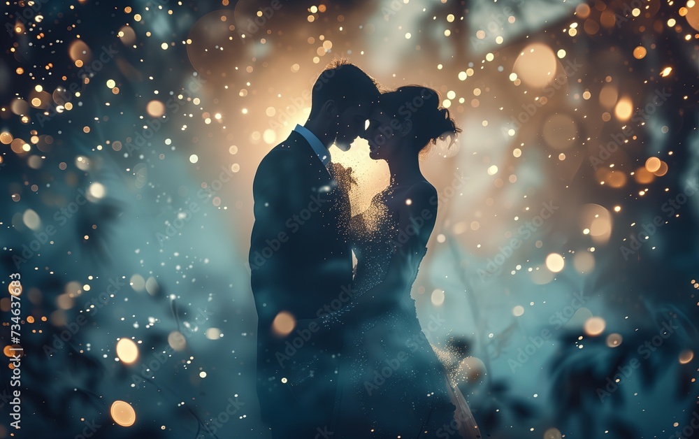 A magical portrait of newlyweds in a wedding dance. Sparklers, long exposure, glitter particles, dreamy lighting, cinematic lens effect.