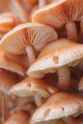 macro photo of texture peach-colored oyster mushrooms, vertical wallpaper, copy space 