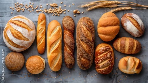 Different types of bread on a gray background. Top view, flat lay