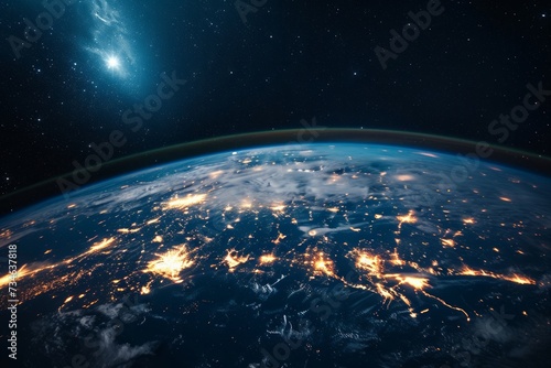 earth hour on planet, view from space, minimal light, copy space, 3d photo