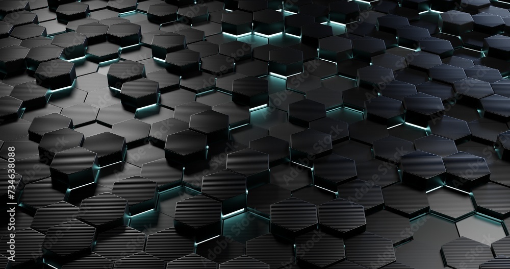 Obraz premium Black blue hexagons background pattern 3D rendering. sci-fi background