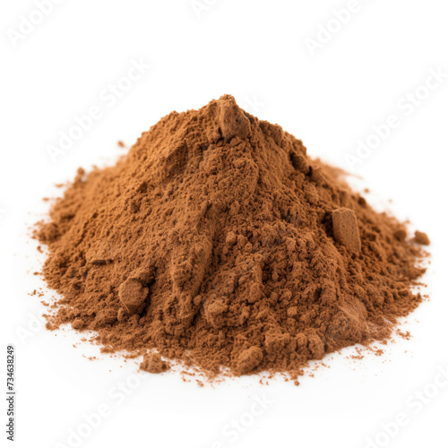 close up pile of finely dry organic fresh raw pau darco inner bark powder isolated on white background. bright colored heaps of herbal, spice or seasoning recipes clipping path. selective focus
