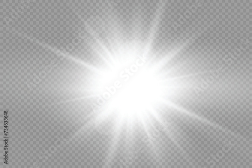 White bright star glowing light burst sun rays flare of sunlight with glare bokeh. Vector illustration photo