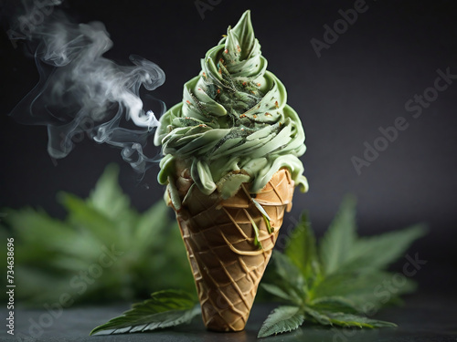Cannabis bud ice cream cone icecream spiral cone cannabis flower sprinkles colors intricate	
