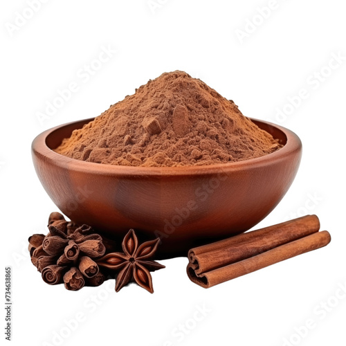 pile of finely dry organic fresh raw allspice powder in wooden bowl png isolated on white background. bright colored of herbal, spice or seasoning recipes clipping path. selective focus