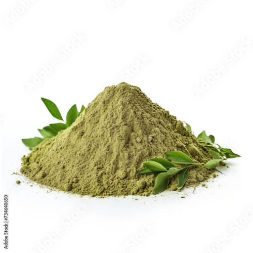 close up pile of finely dry organic fresh raw pennyroyal leaf powder isolated on white background. bright colored heaps of herbal, spice or seasoning recipes clipping path. selective focus photo