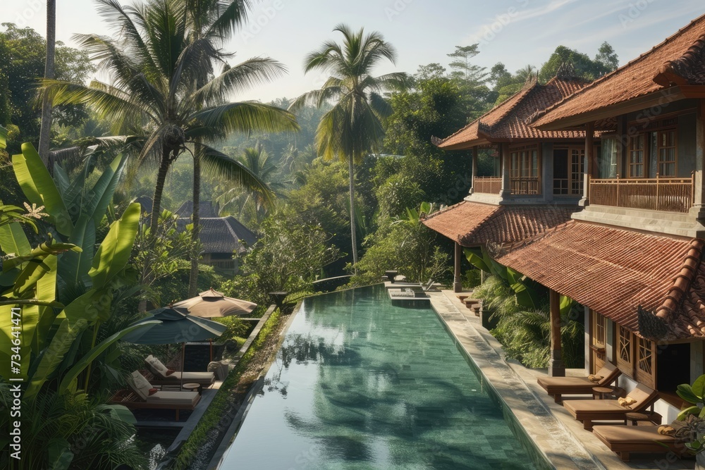 A lavish hotel suite boasts a sparkling swimming pool surrounded by vibrant green foliage, creating a serene ambiance. A lavish hotel suite boasts a sparkling swimming pool surrounded by vibrant green foliage, creating a serene ambiance.