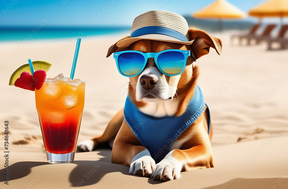 A funny dog in a hat and glasses is relaxing on the beach, sunbathing, next to a cocktail with a straw. Made with the help of artificial intelligence. High quality. Vacation, wallpaper, postcard, scre A funny dog in a hat and glasses is relaxing on the beach, sunbathing, next to a cocktail with a straw. Made with the help of artificial intelligence. High quality. Vacation, wallpaper, postcard, scre
