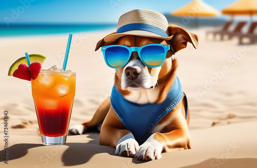 A funny dog in a hat and glasses is relaxing on the beach, sunbathing, next to a cocktail with a straw. Made with the help of artificial intelligence. High quality. Vacation, wallpaper, postcard, scre © Антонина Кузнецова